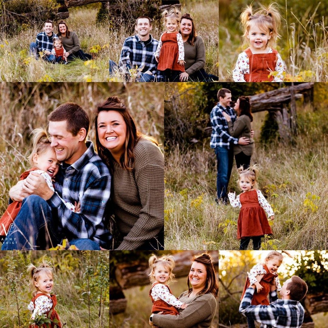 Family of four in an outdoor setting poses for photos. Mother, father, and child. Orange and blue plaid shirts.