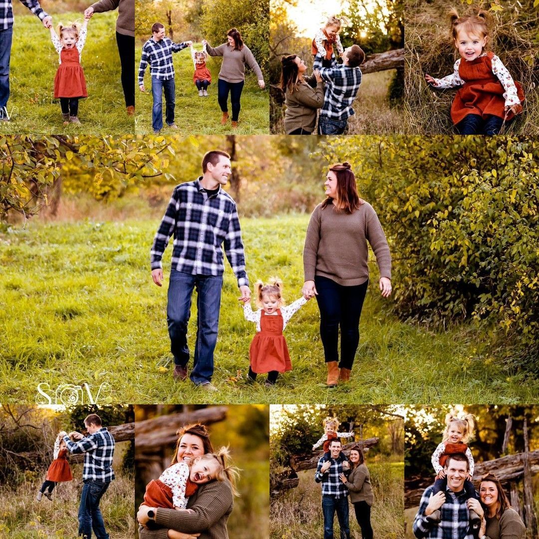 Family in a collage: parents holding child's hands, walking in a grassy field; child wearing a red dress.