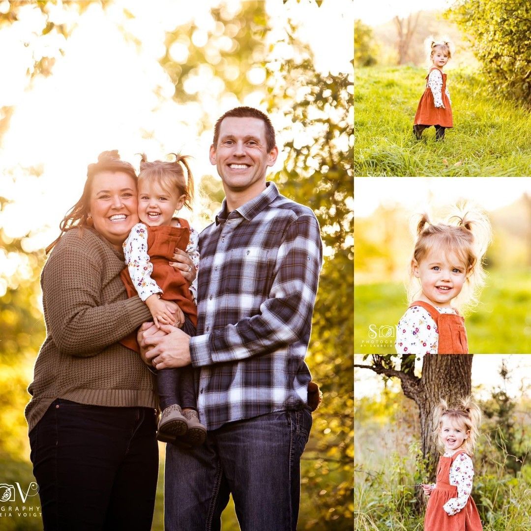 Family of three in a sunny field. Mother, father, and child in various poses. Girl in orange dress.
