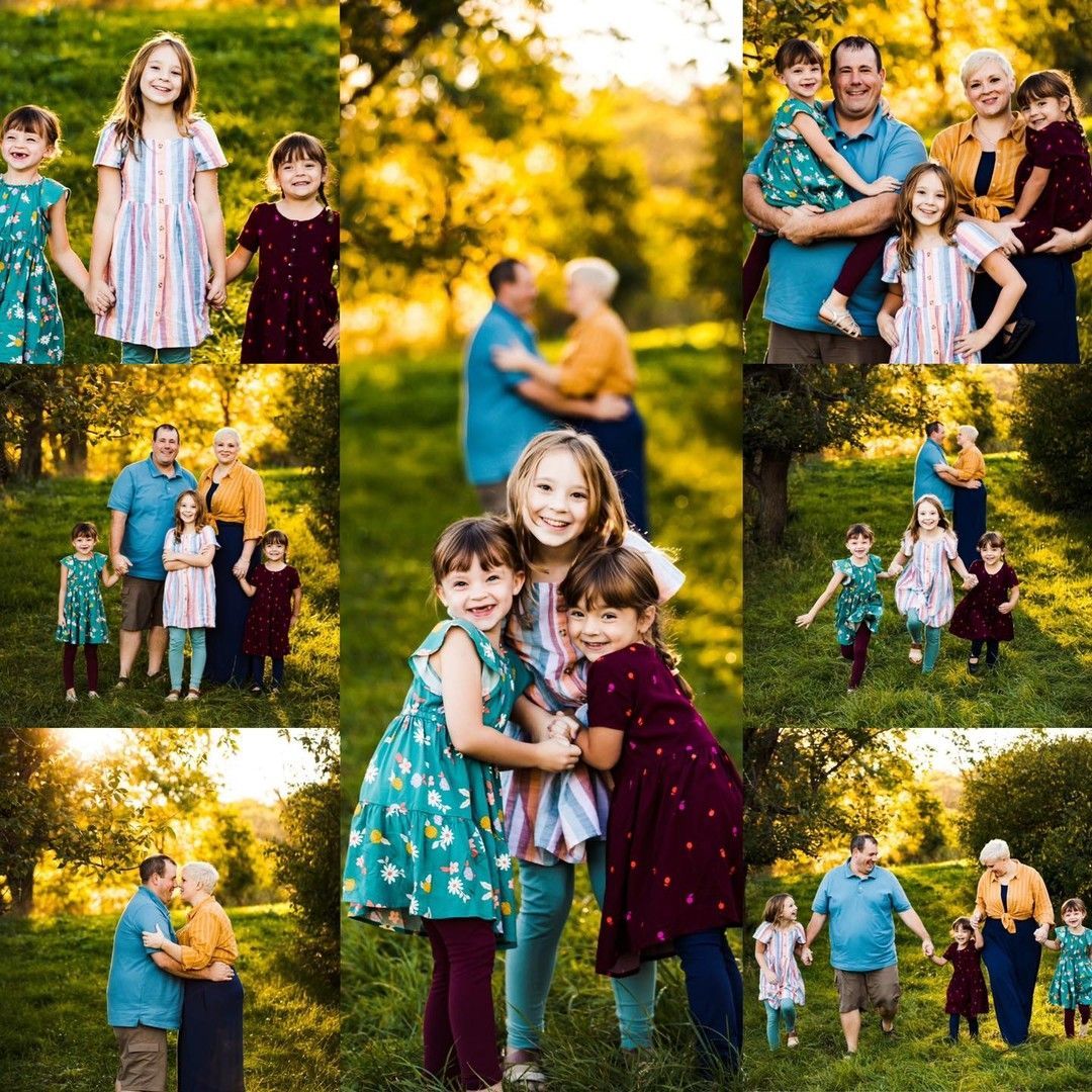 Collage of a family in a sunlit field, hugging and holding hands, smiling.