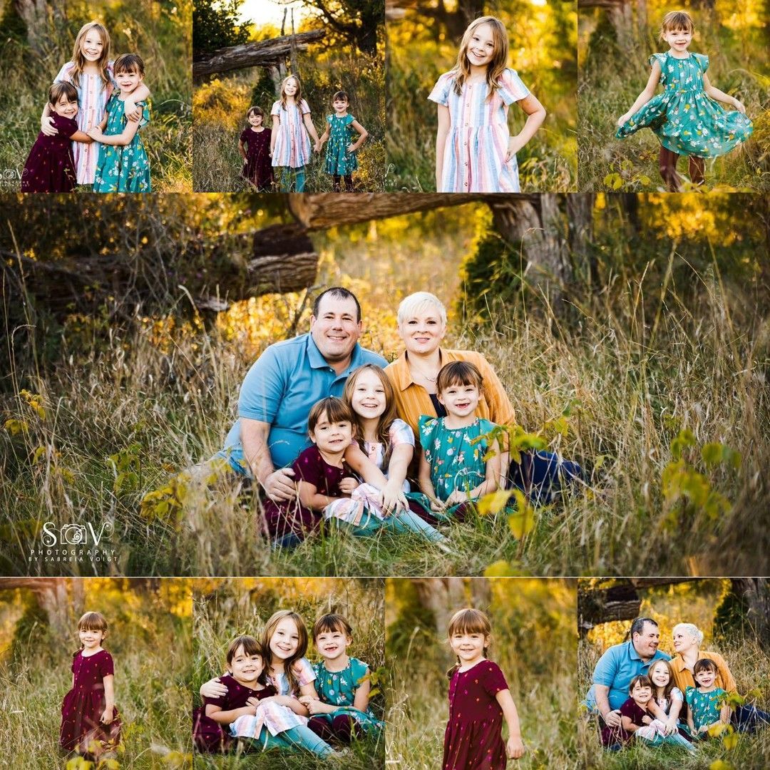 Family portrait collage outdoors in tall grass; adults and children smiling.