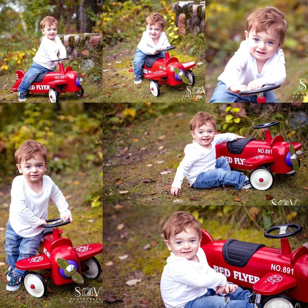 Collage of a child with curly hair in a white shirt and jeans. He is playing with a red toy airplane outdoors.
