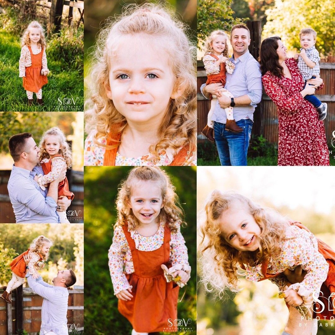 Collage of a young child with curly hair in an orange dress, and family photos with the parents.