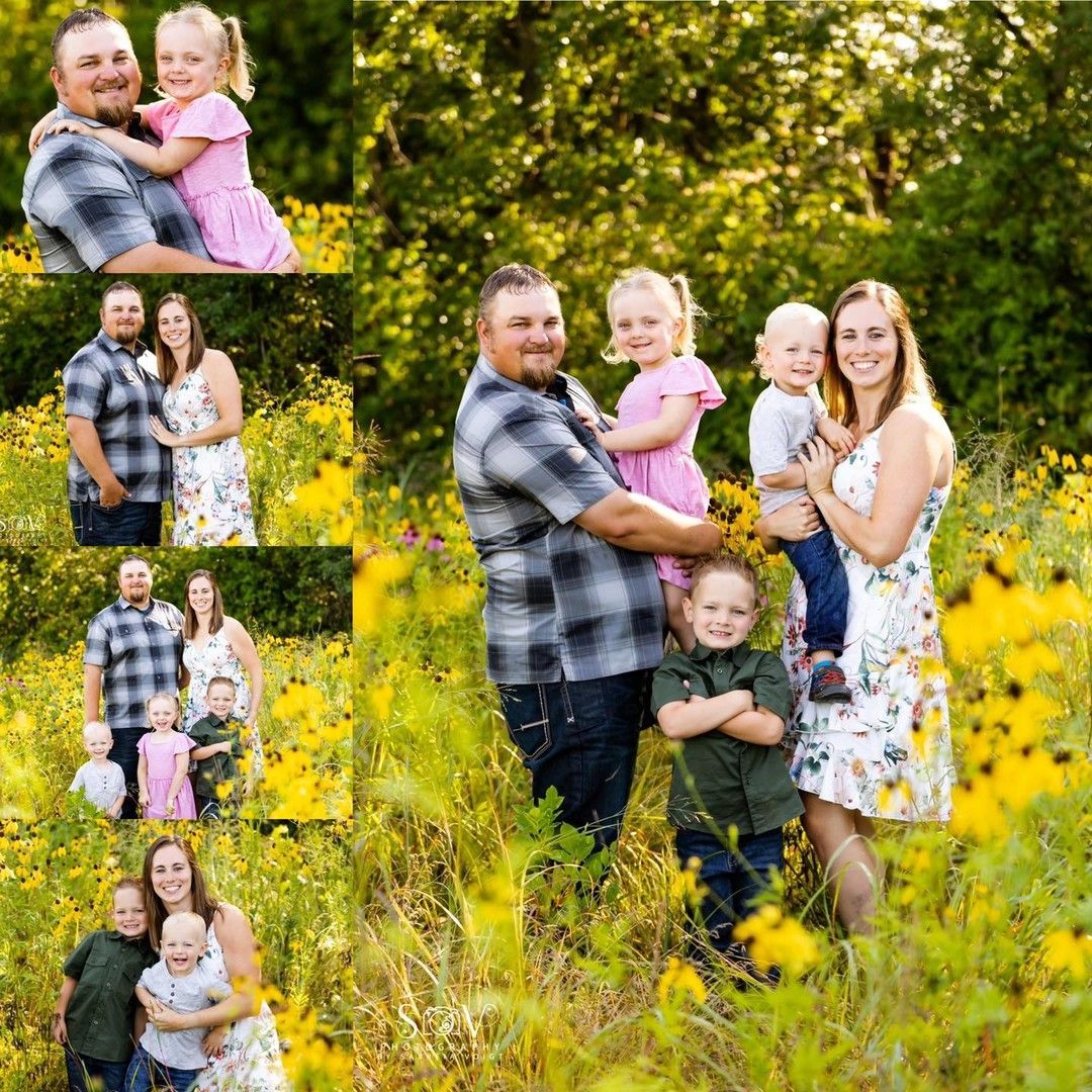 Family portraits in a field of yellow flowers. Smiling parents with children, posing together.