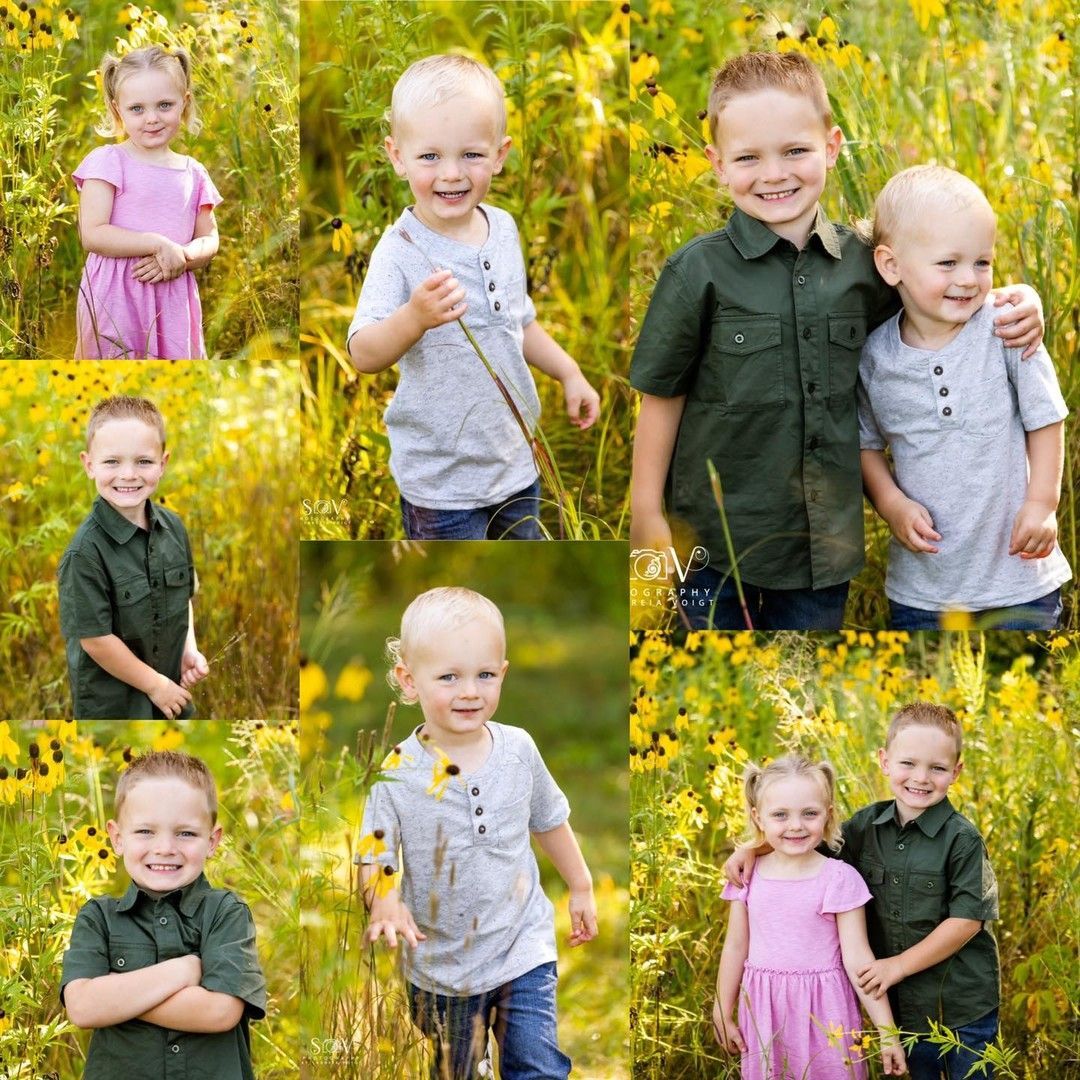 Nine children in a field of yellow flowers; some smiling, wearing casual outfits.