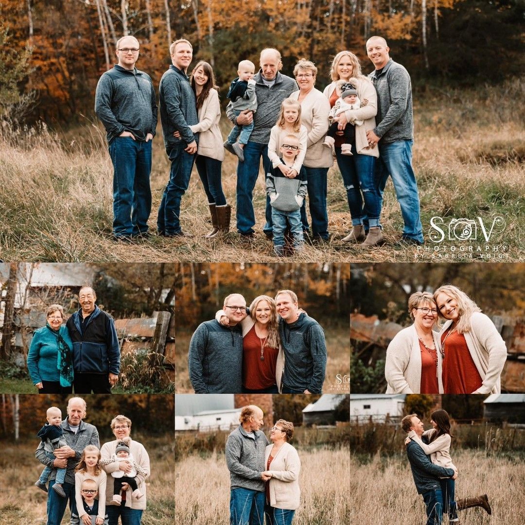Family group in fall setting; multiple smaller images of individuals and couples.