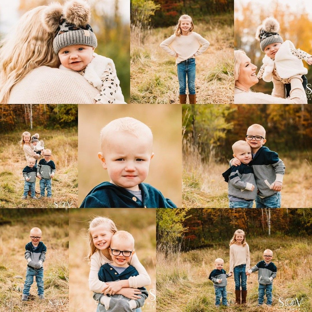 Collage of children and adults in a field, fall setting; smiling and interacting.