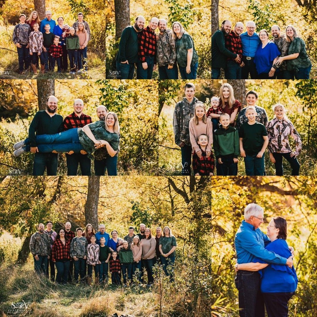 Family photos taken outdoors with fall foliage. People are posing, smiling, and hugging.