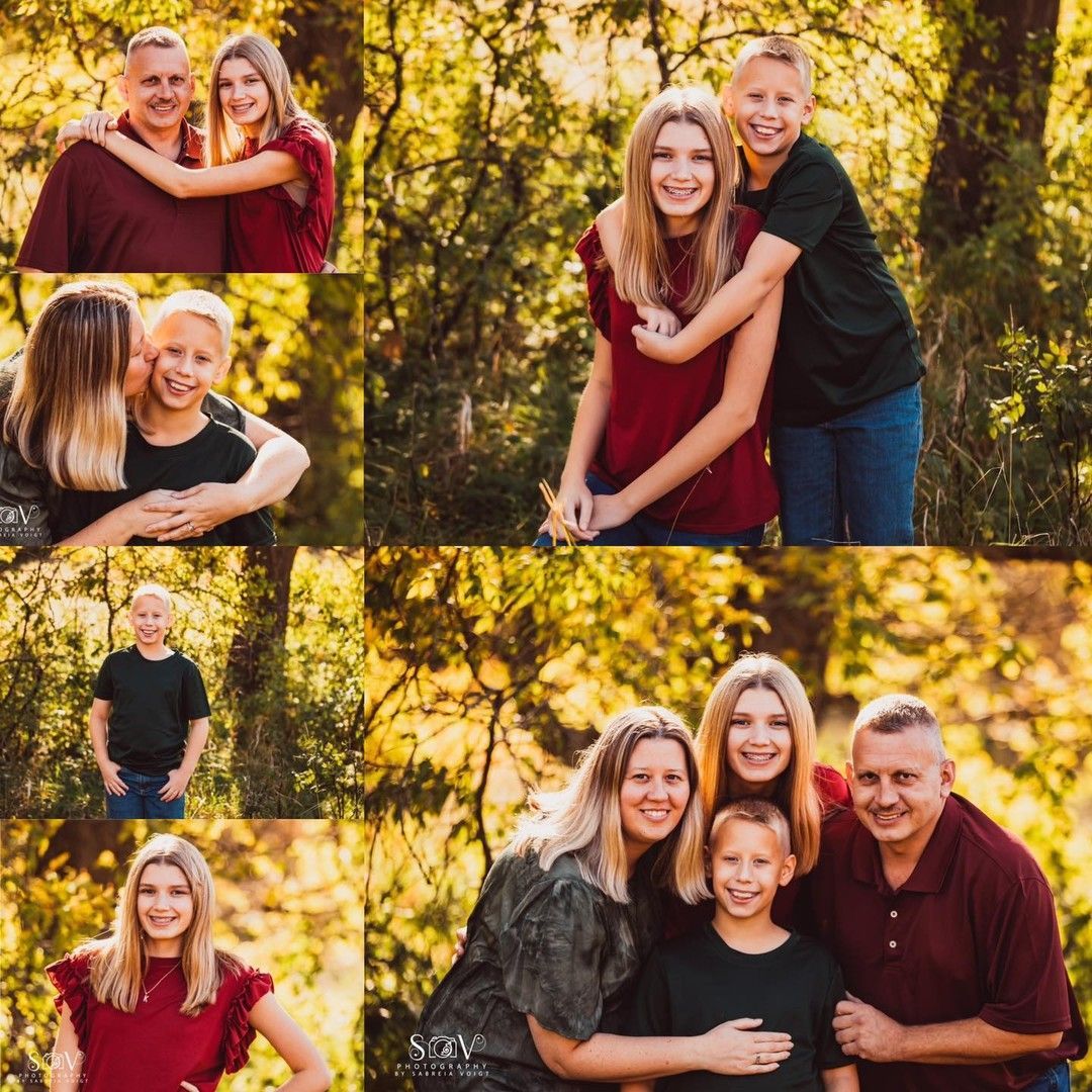 Family portrait collage in golden sunlight, with smiling people posing.