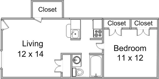 Floor plan of a one-bedroom apartment with living room, kitchen, bathroom, and closets.