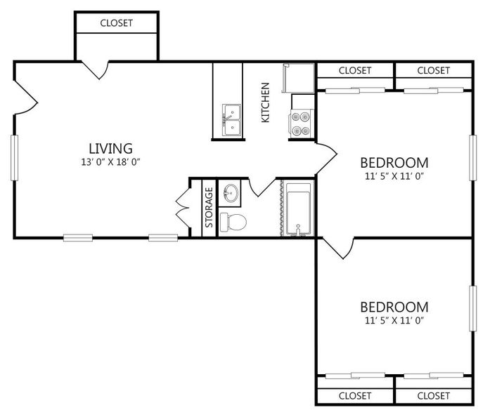 Floor plan of a two-bedroom apartment with a living room, kitchen, bathroom, and closets.