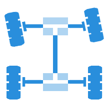 Diagram of a car's four-wheel-drive system with axles, wheels, and differential components in blue. | Strong's Alignment Service