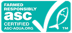 ASC certified farmed seafood logo with teal background, checkmark, and fish graphic. | Strong's Alignment Service