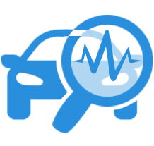 Blue car with magnifying glass, displaying waveform, suggesting vehicle diagnostics. | Strong's Alignment Service