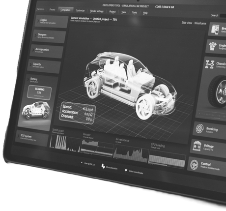Tablet displaying a car model with performance data and interactive features on a dark interface. | Strong's Alignment Service