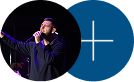 Singer holding a microphone beside a blue circular plus icon