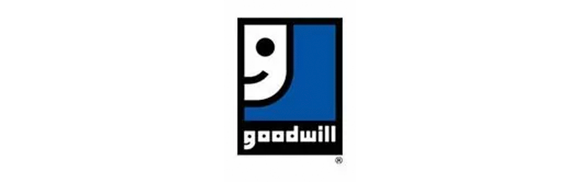 A blue and white logo for goodwill with a smiling face
