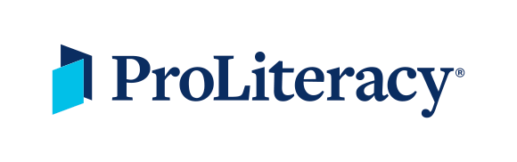 The proliteracy logo is blue and white with a blue triangle in the middle.