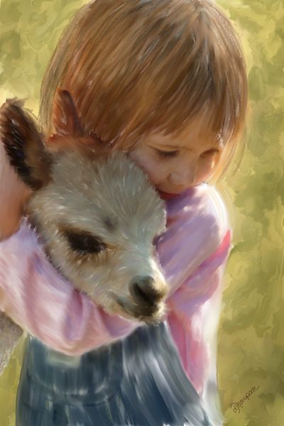 Painting of a little girl hugging a fawn.
