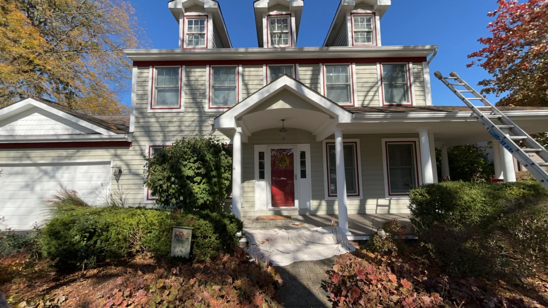 Two-story house with red front door, surrounded by shrubs and trees; ladder against the roof.