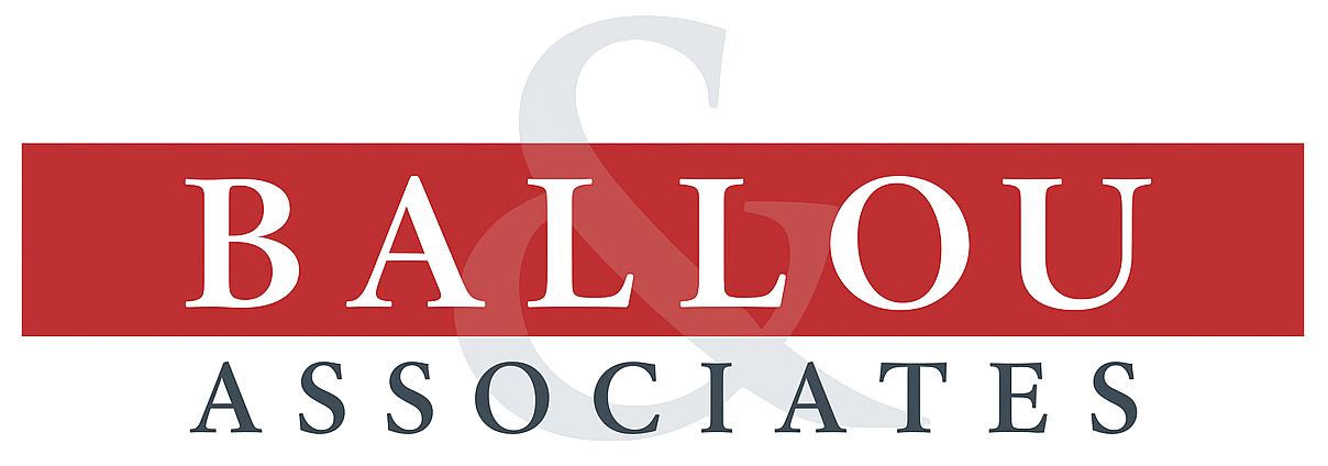 Logo of Ballou Associates, white text on red rectangle with a grey 