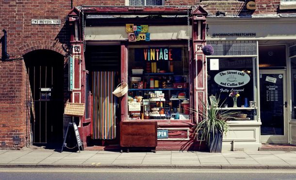 Vintage shop with red trim,