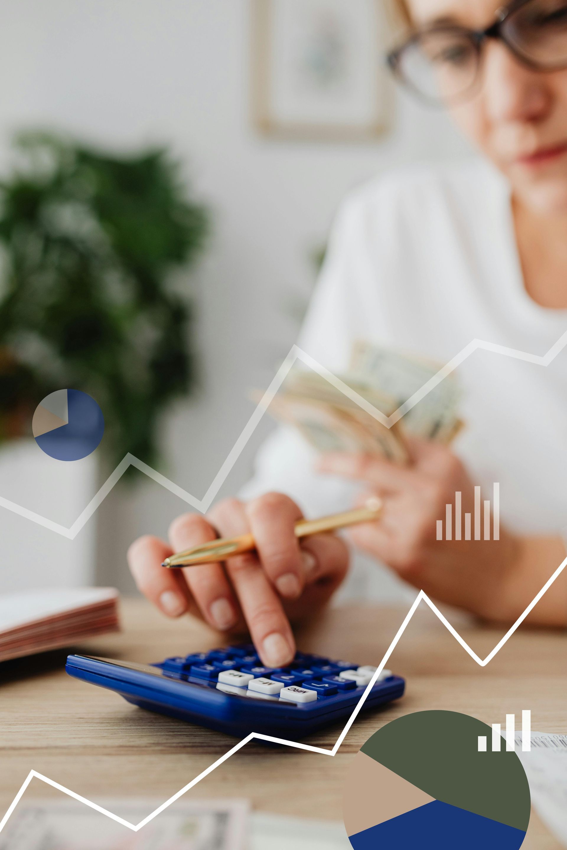 Woman using calculator, holding money, with overlaid financial graphs.