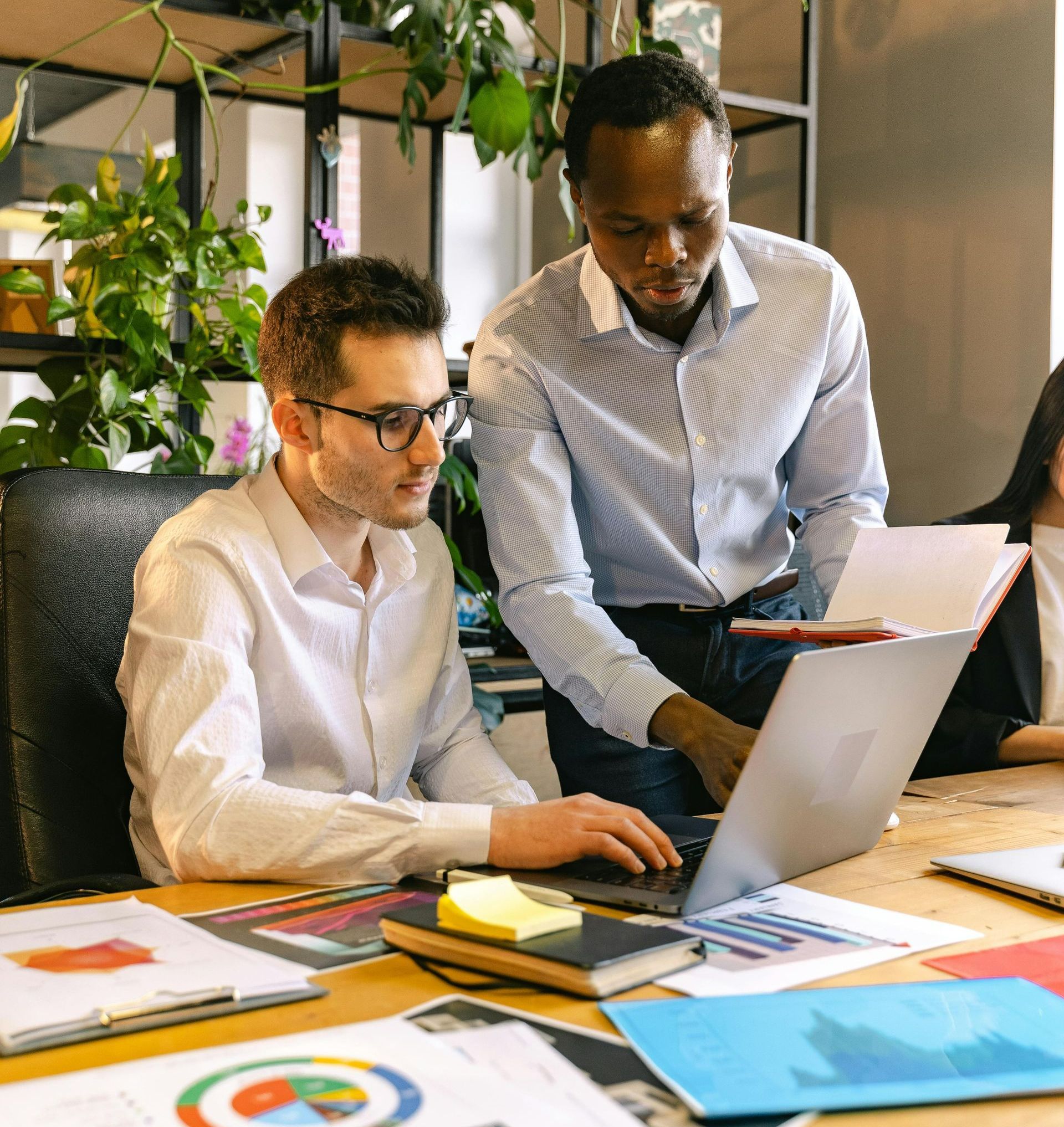 Two men collaborating at a desk with a laptop, papers, and plants in an office setting.