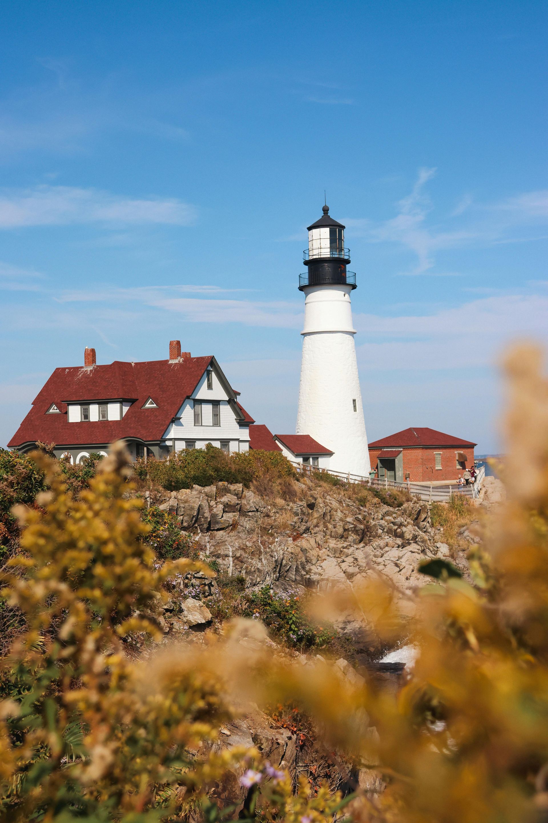 White lighthouse and adjacent buildings on a rocky cliff under a blue sky, yellow foliage in foreground.