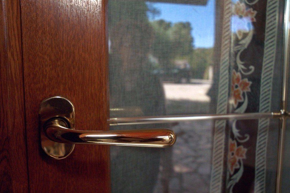 Maniglia dorata su una porta di legno, con un pannello di vetro che rivela una scena esterna sfocata.