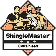 The logo for shingle master is a group of men standing next to each other holding a saw.
