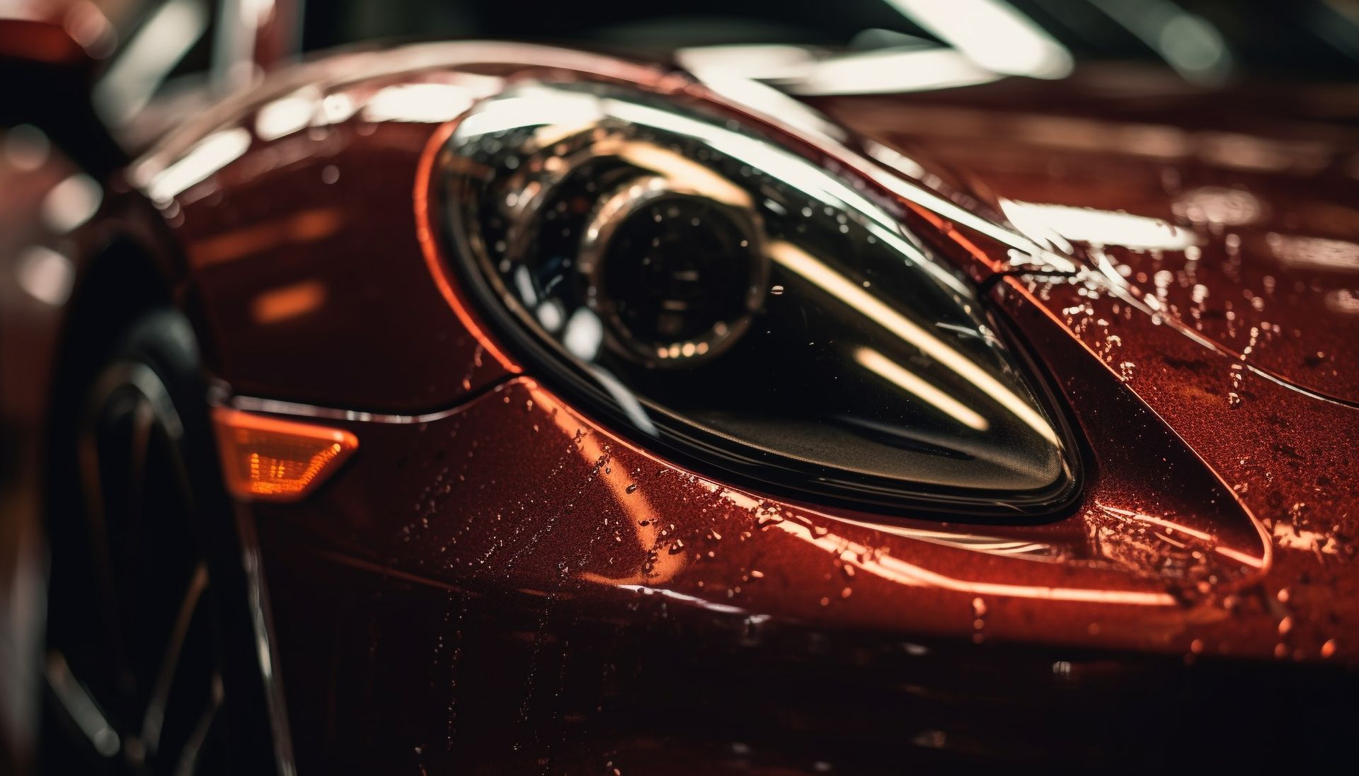 A close up of the headlight of a red sports car.