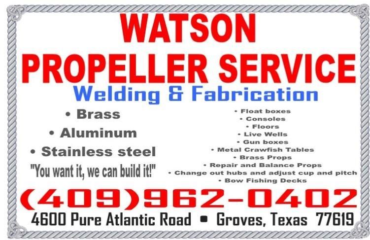 Advertisement for Watson Propeller Service, Groves, Texas. Red and blue text on white, lists services and contact info.