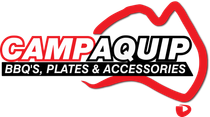 Logo for Campquip BBQ plates and accessories, featuring text and a red outline of Australia.