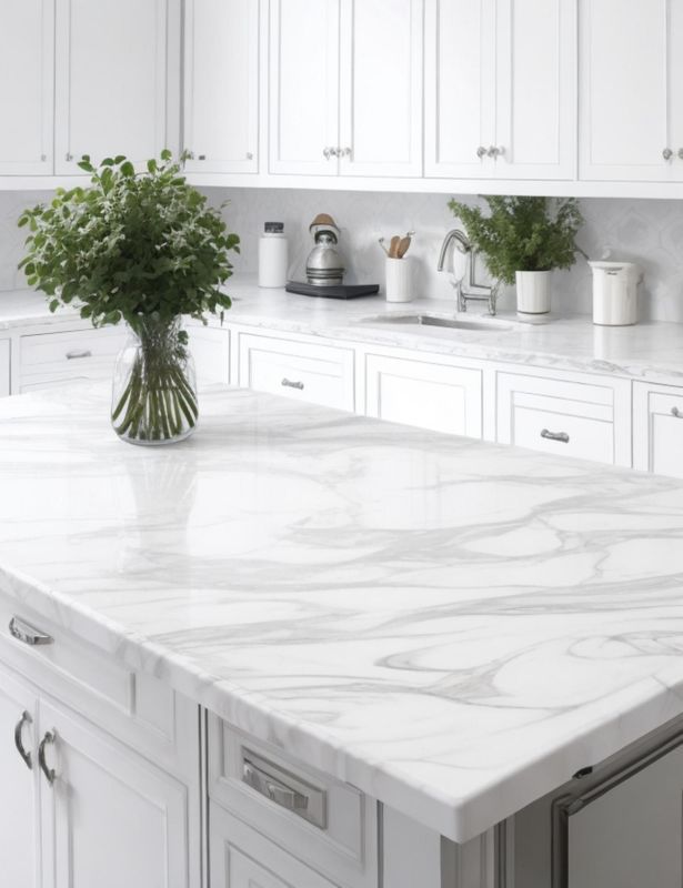 A kitchen with white cabinets and marble counter tops