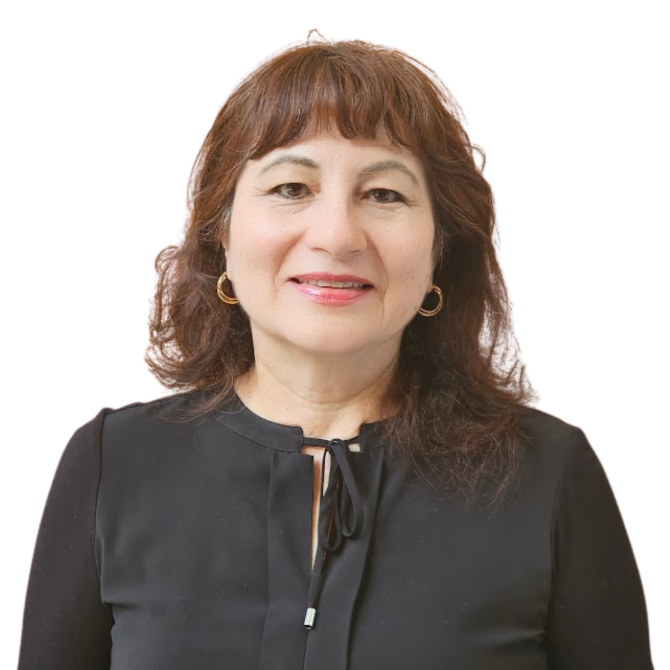 Woman with dark hair smiles, wearing a black blouse, gold earrings, against a white background.