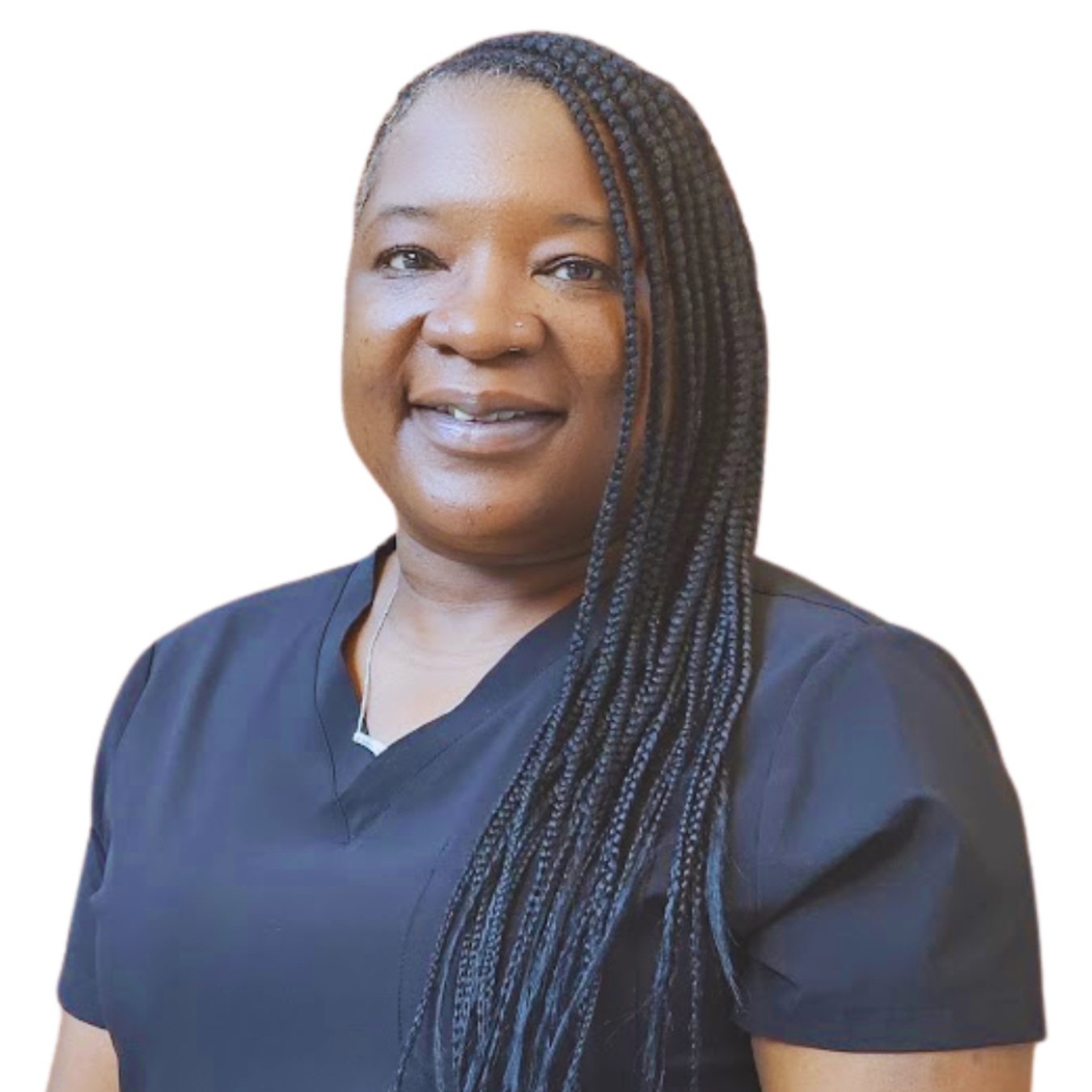 Woman with long braided hair, wearing a black v-neck top, smiling.