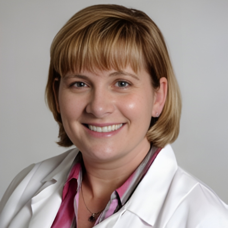 Woman in a white coat smiles, pink shirt visible, looking at the viewer.