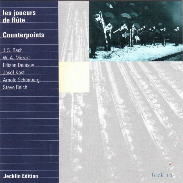 CD-Cover: Flötenspieler mit dem Titel „Counterpoints“, mit Komponisten wie J. S. Bach, W. A. ​​Mozart und anderen.