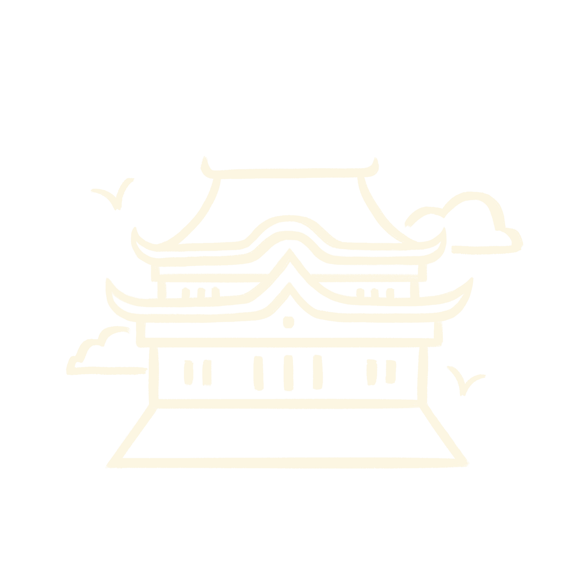 Gelber Umriss einer traditionellen asiatischen Pagode mit Wolken und Vögeln.