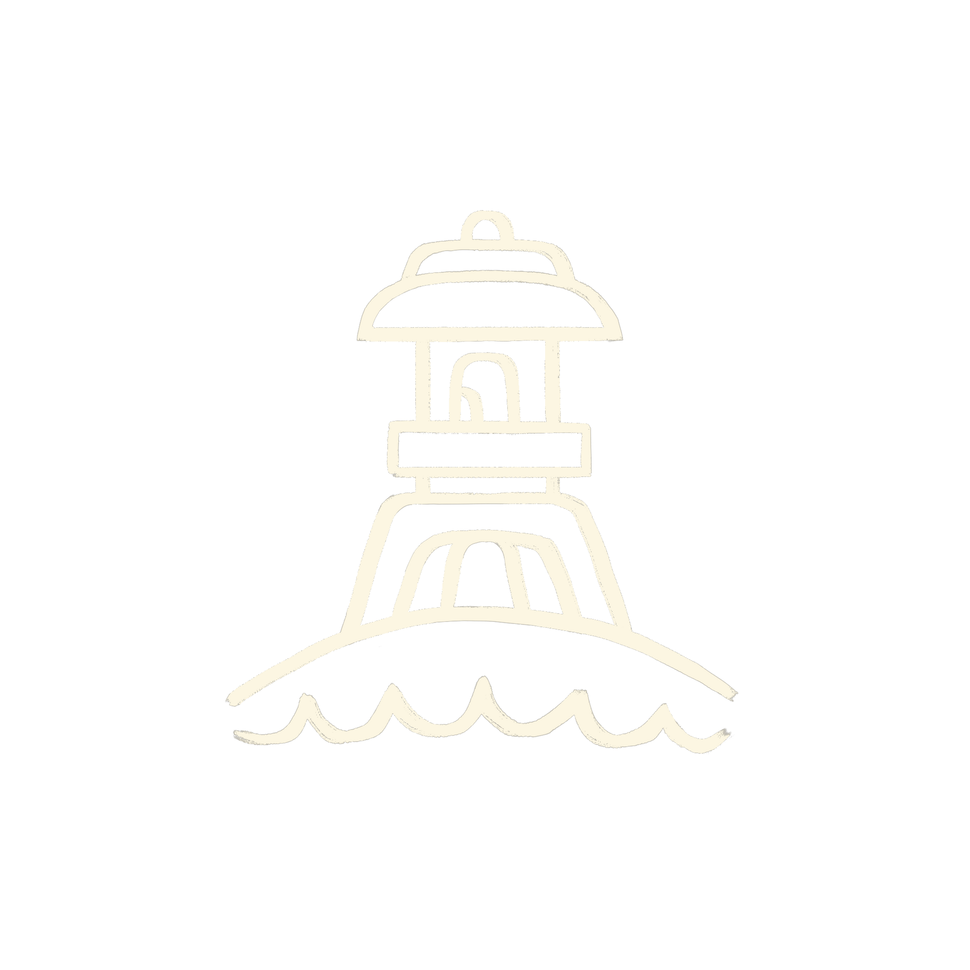 Japanische Steinlaterne auf einer kleinen Insel, Umriss in gebrochenem Weiß.