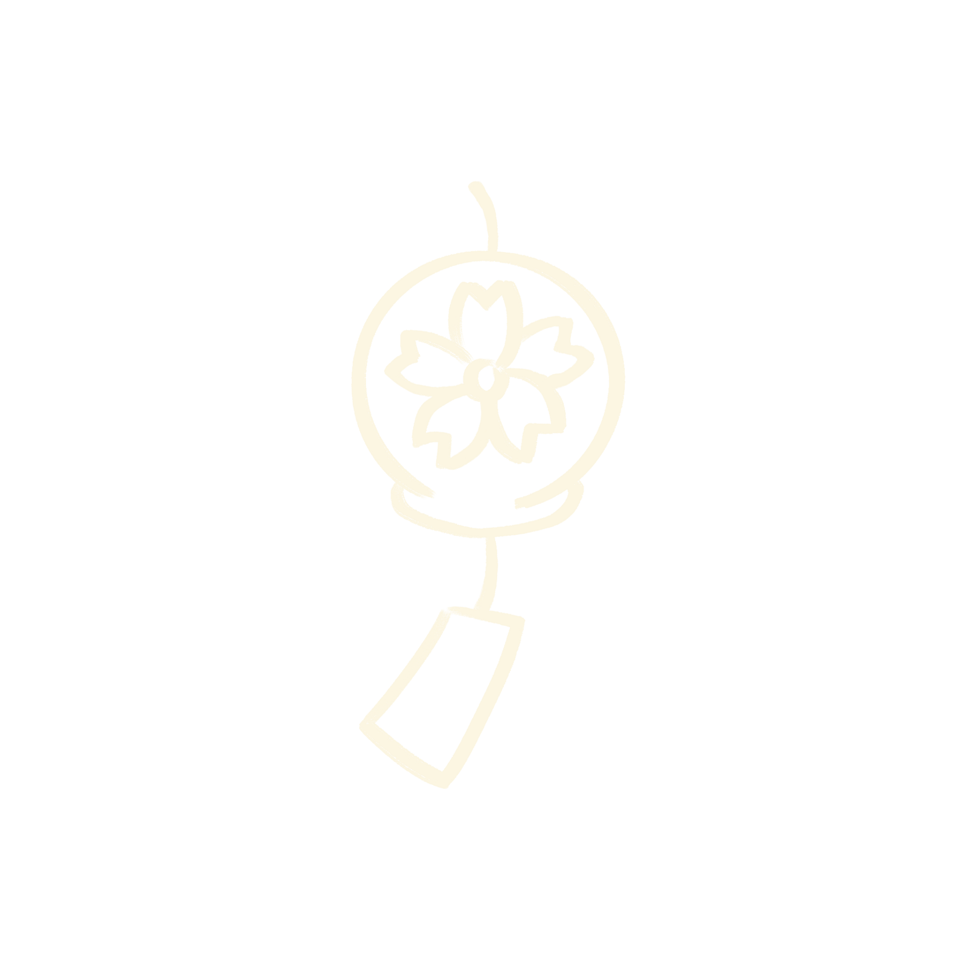 Strichzeichnung eines Windspiels mit einem Kirschblütenmuster in einer runden Spitze.