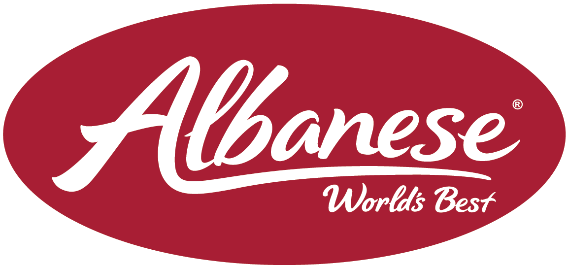 Albanese World's Best logo: white script text
