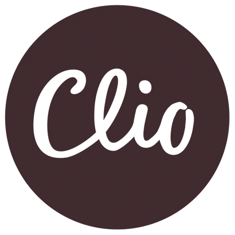 Clio logo: White cursive text