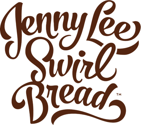 Logo for Jenny Lee Swirl Bread, with brown cursive text on a white background.