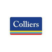 Colliers logo: Blue rectangle with white "Colliers" text, above yellow, blue, and red stripes.