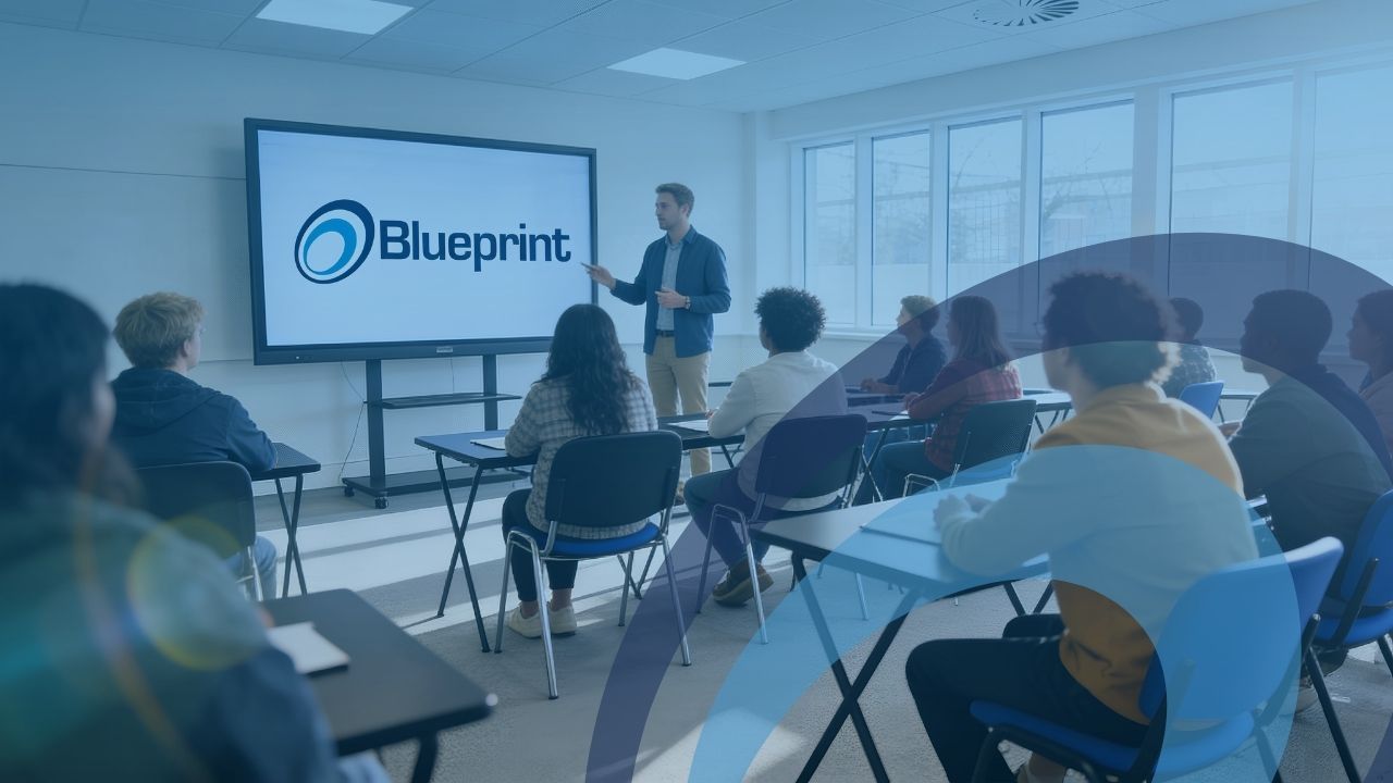 A teacher presenting to students in a classroom with the Blueprint logo on the screen.