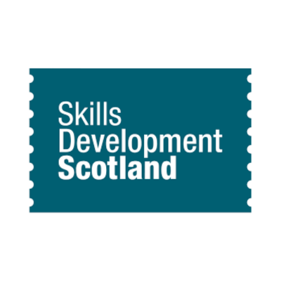 A blue stamp with the words skills development scotland on it