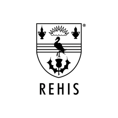 A black and white logo for rehis with a bird on a shield.