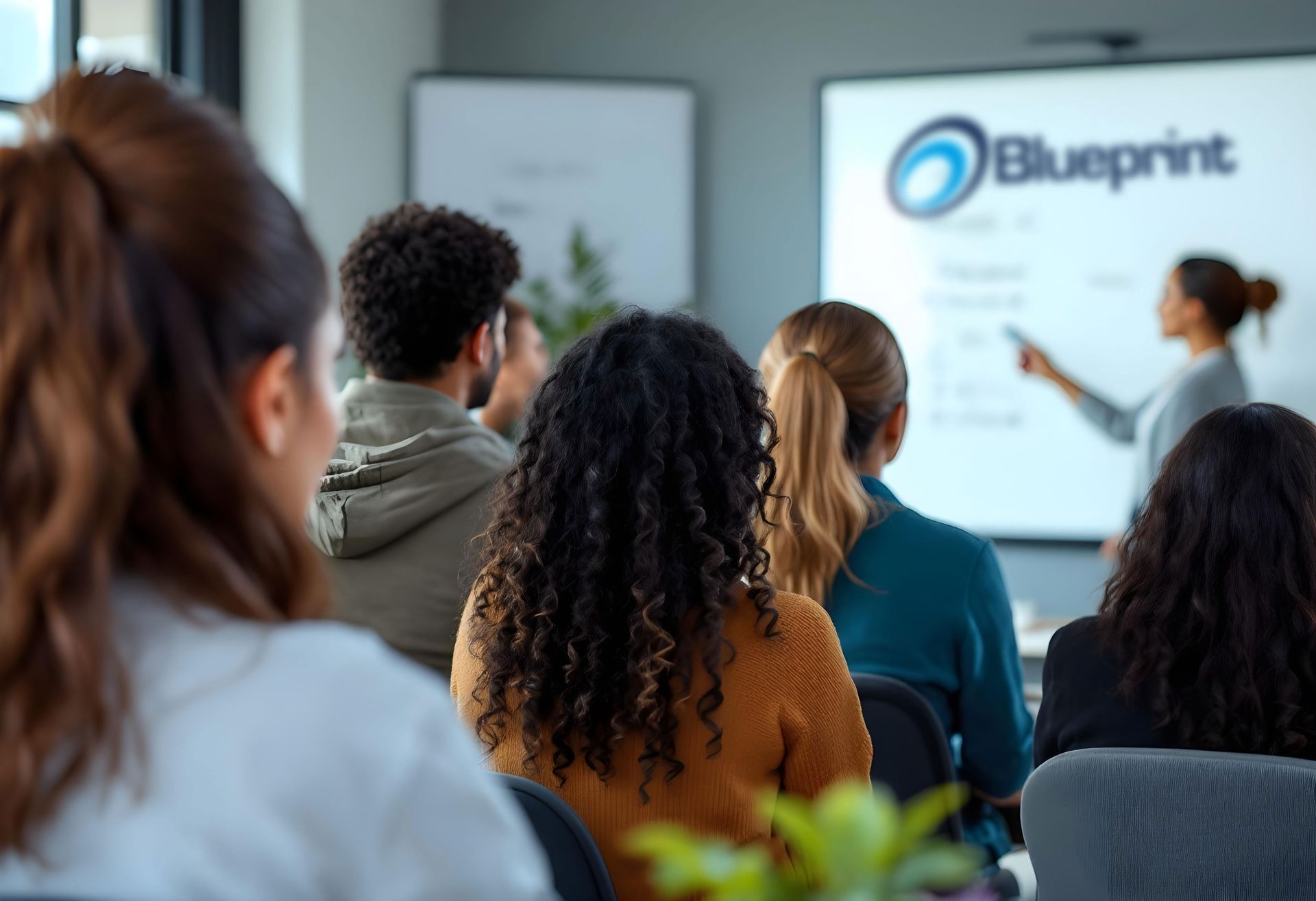 People attending a presentation. A woman points at a